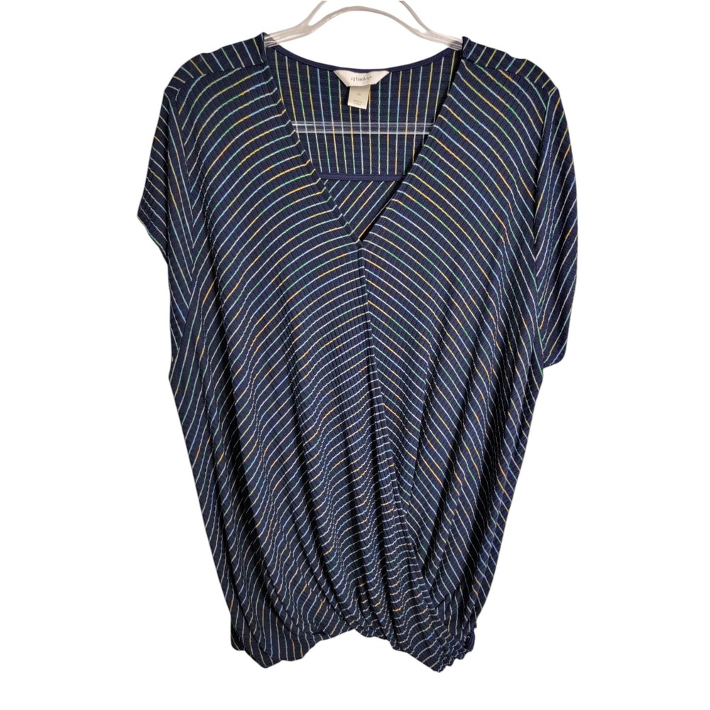 CJ Banks Women 3X Top Navy Blue Striped Surplice V-Neck Ribbed Knit Short Sleeve